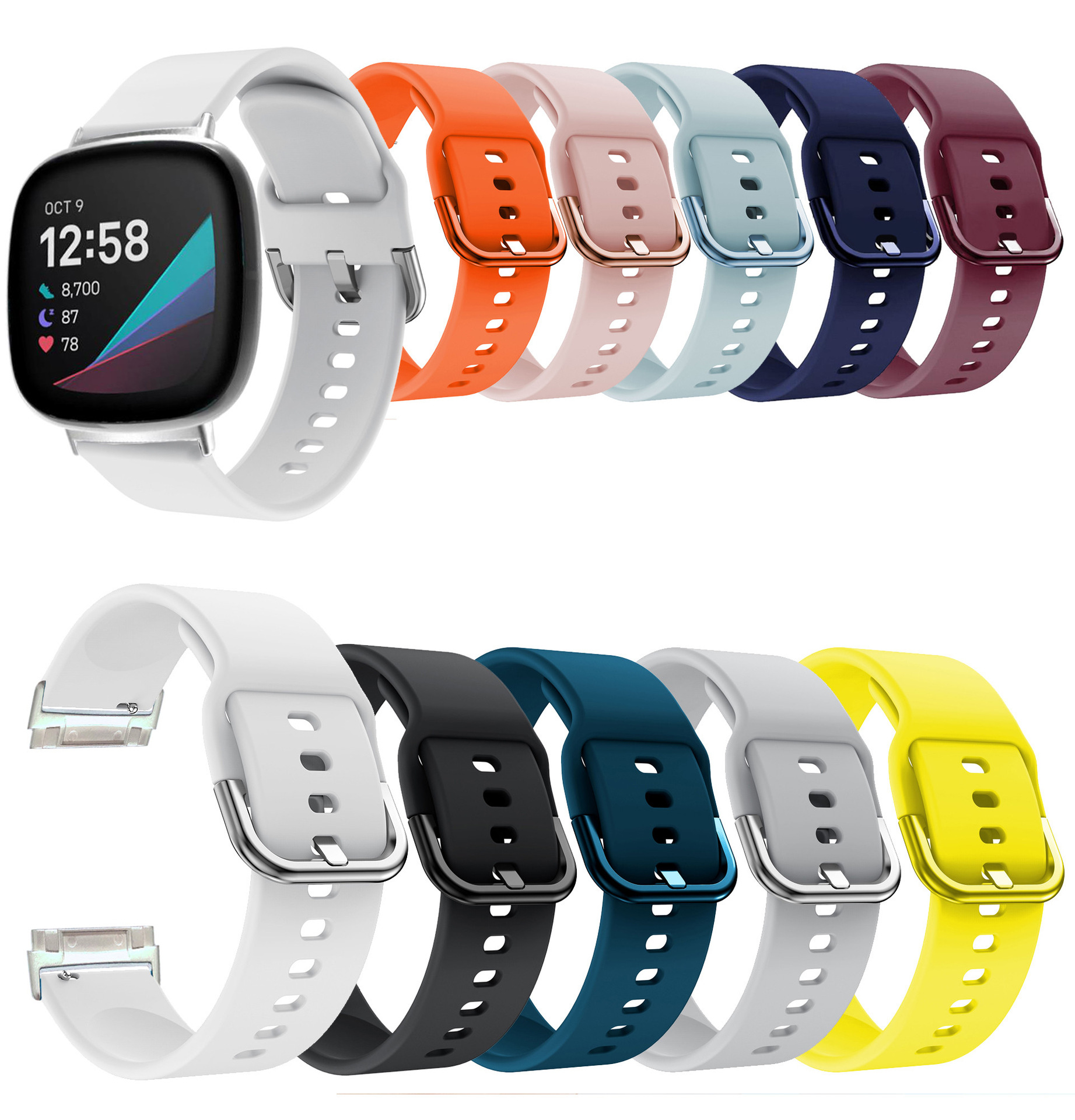 適用Fitbit versa3/Sense2硅膠錶帶Sense/Versa4純色彩扣腕帶均碼