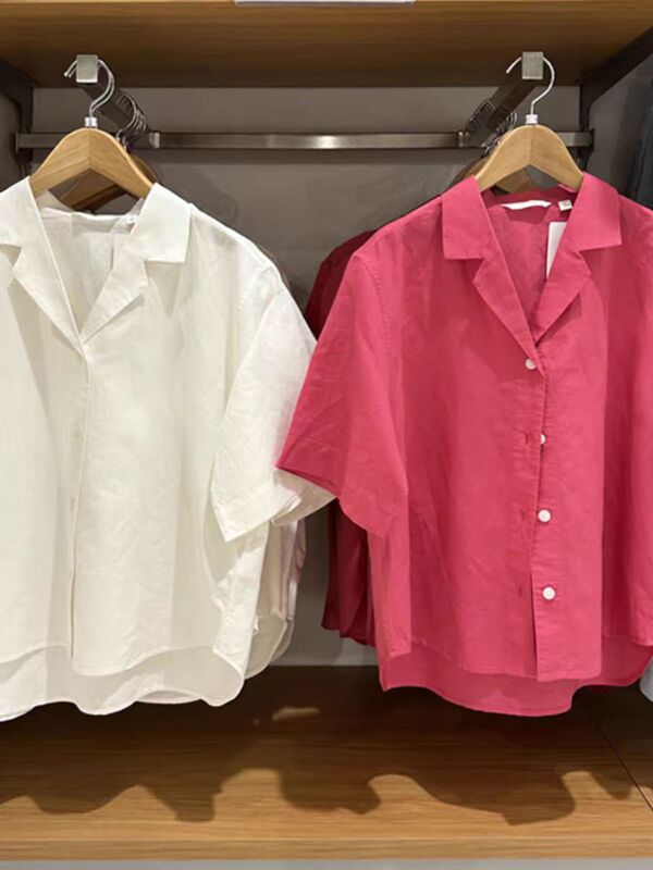 Japanese Single Summer New Women's Linen Blended Open Collar Shirt Casual Versatile Short-Sleeved Shirt g 464739