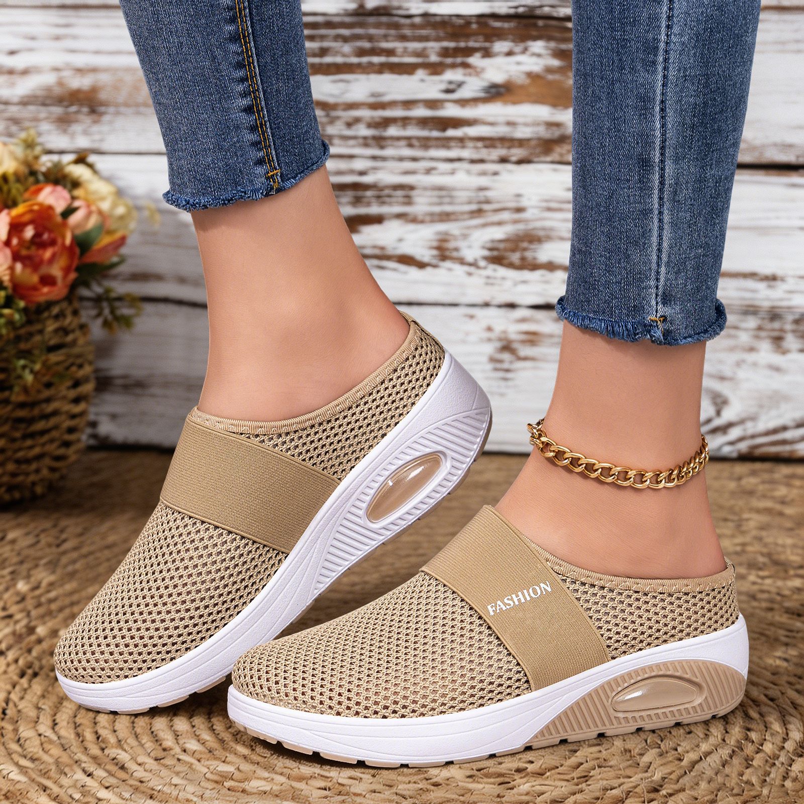 2026 nuevo verano transfronterizo sin tacones rocantes zapatos de mujer suela gruesa ligera con almohadilla de aire zapatos de malla transpirables zapatos de mujer