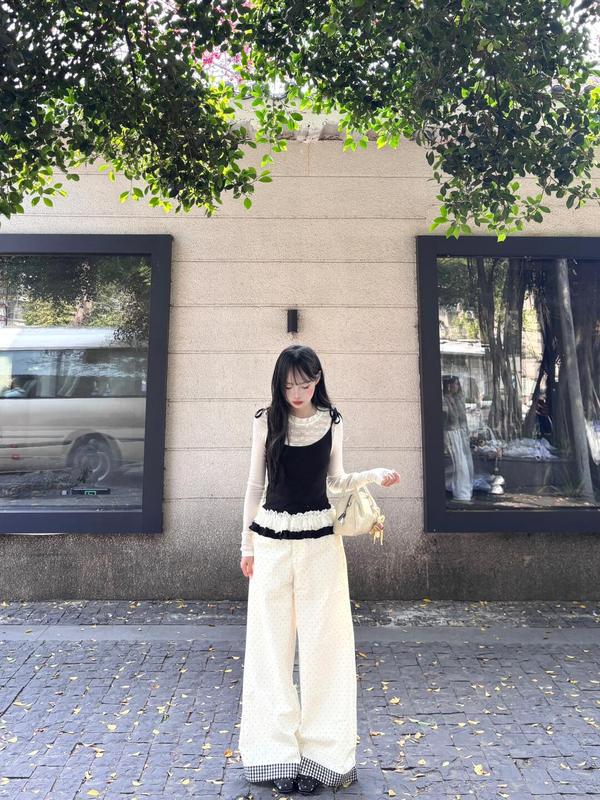 爱依轩 早秋新款韩剧女主穿搭小香风甜美减龄波点阔腿裤两件套装|undefined
