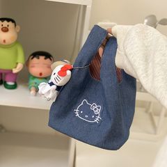 可爱新款牛仔kitty通勤刺绣拎包便携收纳外出撞色手提小包包