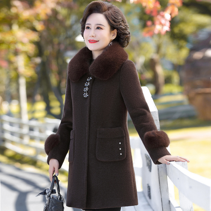 中老年女装秋冬装仿水貂绒外套中长款妈妈装洋气高档毛呢大衣优雅