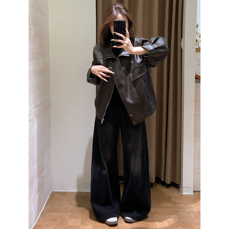 泽黛佳伊红人店同款！秋季百搭复古摩登翻领廓形PU皮夹克外套皮衣|undefined