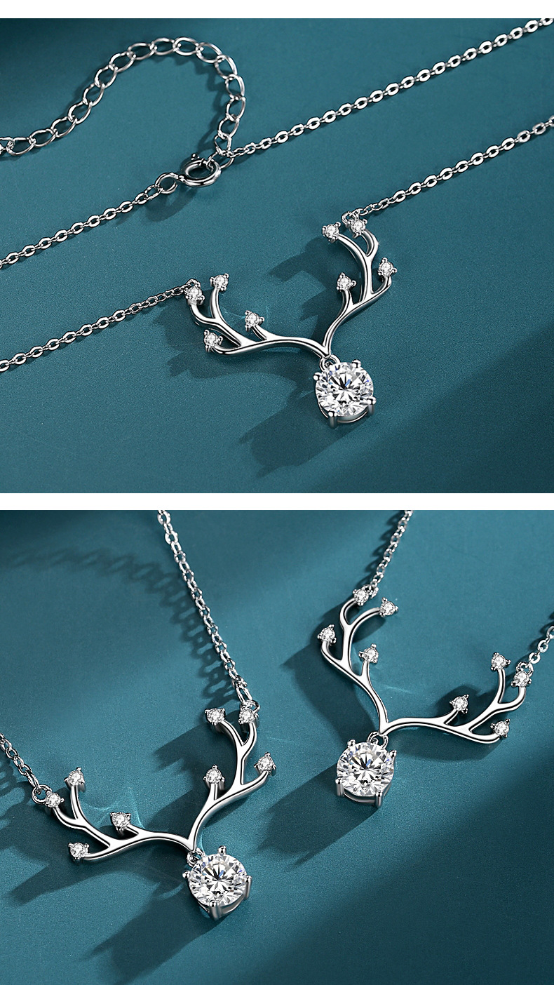 2g Weight 925 Sterling Silver Pendant Material Moissanite Inlay Material Pendant Necklace Classification 925 sterling silver Chain Material 1 Piece Quantity Date, Tea Party Occasion 925 Sterling Silver Material Antlers Pattern Women's Gender Plating Design Elegant, Shiny Style 925 Sterling Silver Moissanite Plating Antlers Pendant Necklace