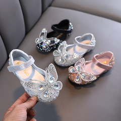 2024 Spring and Autumn New Korean Style Girls Princess Square Saliva Diamond Bow Single Shoes Leather Shoes Performance Dance Shoes for Girls
