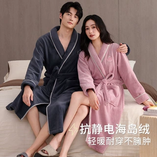 睡袍女冬季情侣珊瑚绒加厚加绒2025新款浴袍睡衣男秋冬法兰绒浴衣
