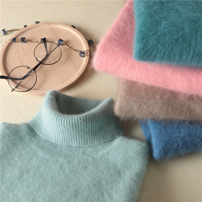 Mink Sweater Women's High Collar Autumn and Winter New Solid Color Mink Sweater Slim-fit Short Pullover Base Cashmere Sweater Warm