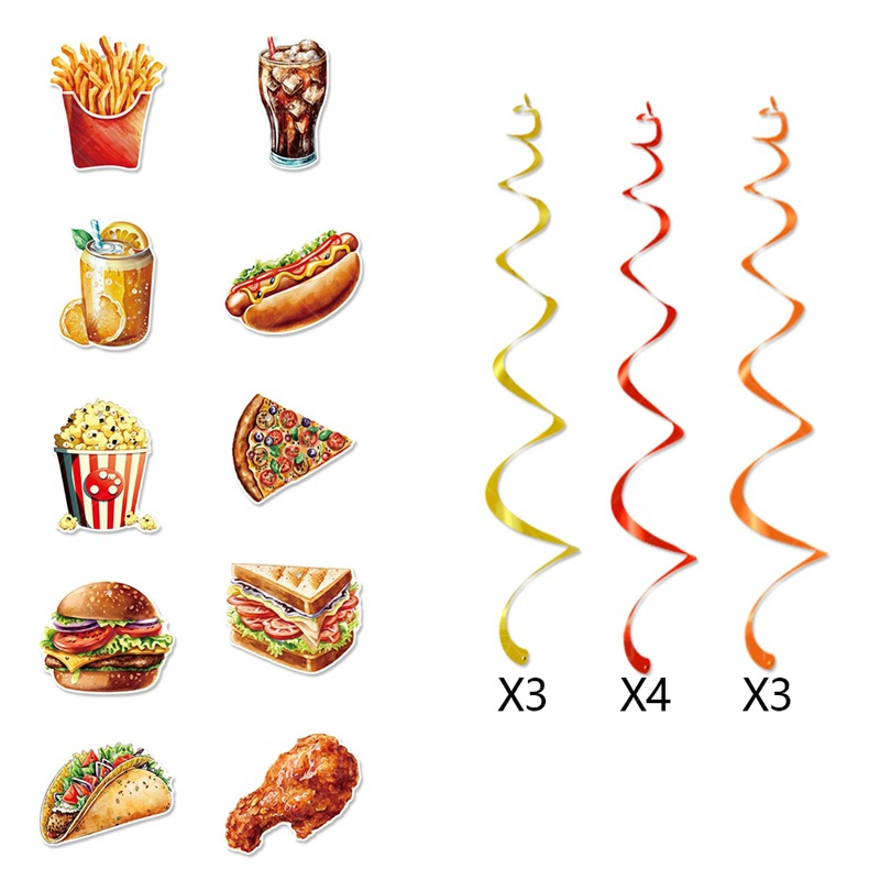 Tema de comida rápida decoración de cumpleaños etiqueta colgante en espiral papas fritas hamburguesa pizza colgante en espiral suministros para fiestas de cumpleaños