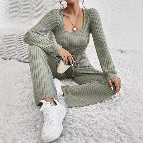Women's European and American Amazon Foreign Trade Autumn and Winter New Knit Solid Color Casual Drawstring Long Sleeve Round Neck Bodysuit Set