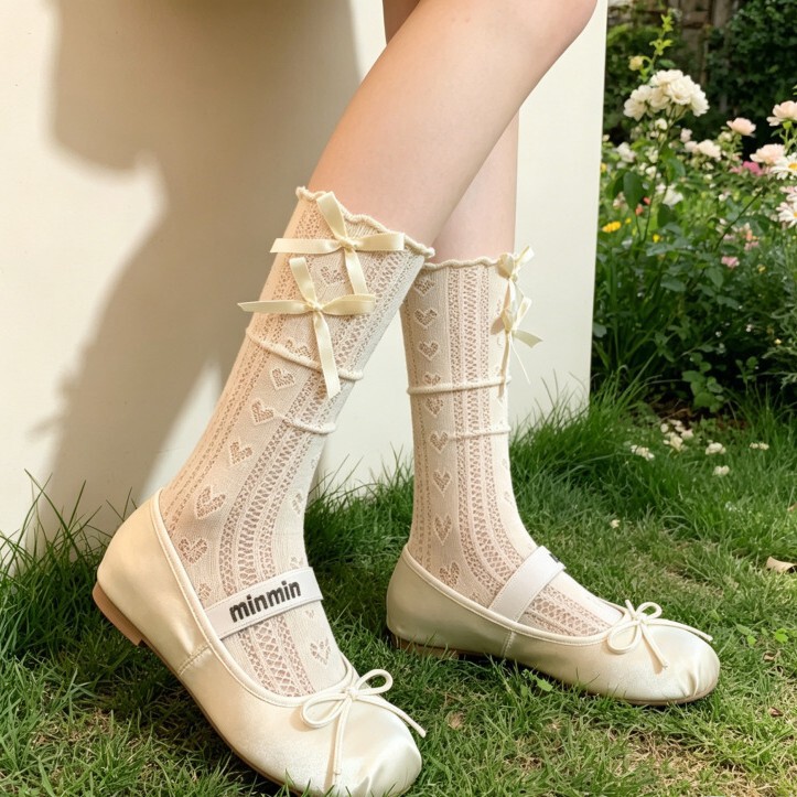 White Bow Socks for Women, Mid-Calf Socks, Summer Thin Lace Trim, Heart-Shaped Miu Style Ballet-Style Slouch Socks