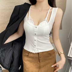 196#辣妹蕾丝拼接假两件美背吊带背心 时尚纽扣设计感修身上衣女