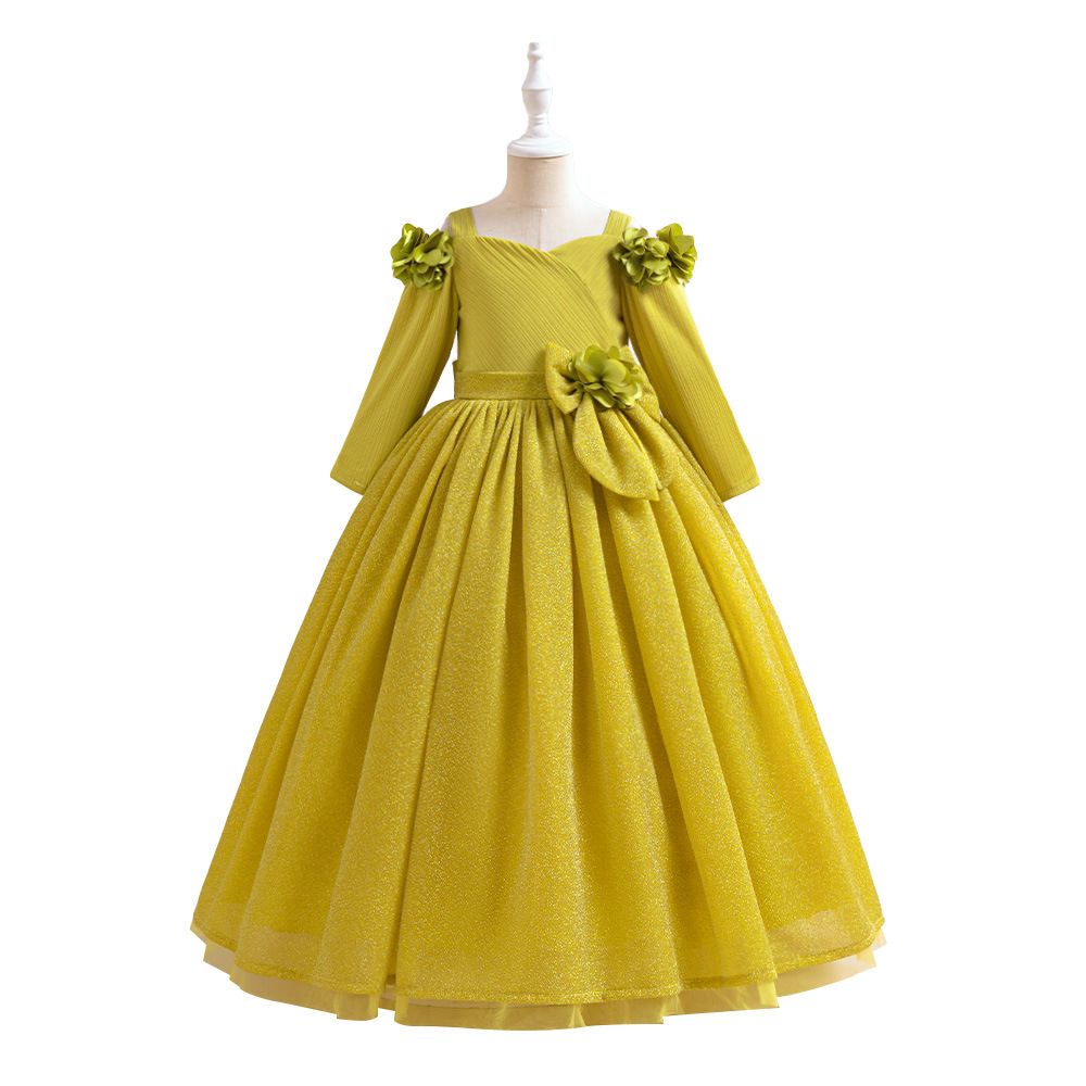 Inventario transfronterizo nuevo vestido de niña vestido de novia europeo y americano vestido de princesa vestido de manga larga anfitrión rendimiento vestido de malla larga