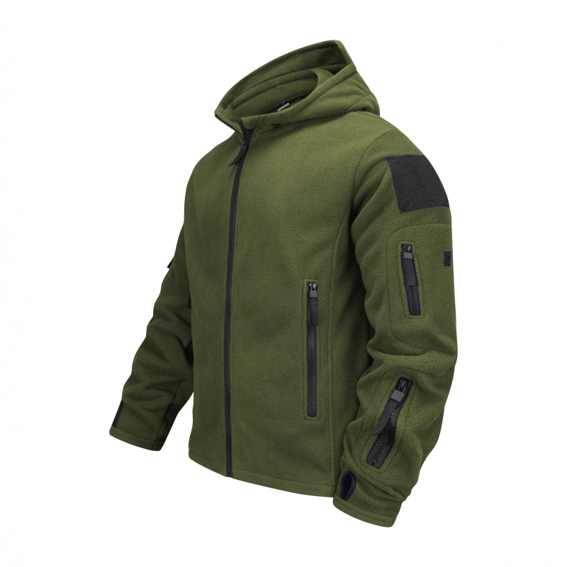 Fleece Hooded Jacket Solid Color Thickened Warm Multi-Pocket Workwear Jacket Men Fleece Hooded Jacket Solid Color Thickened Warm Multi-Pocket Workwear Jacket Men