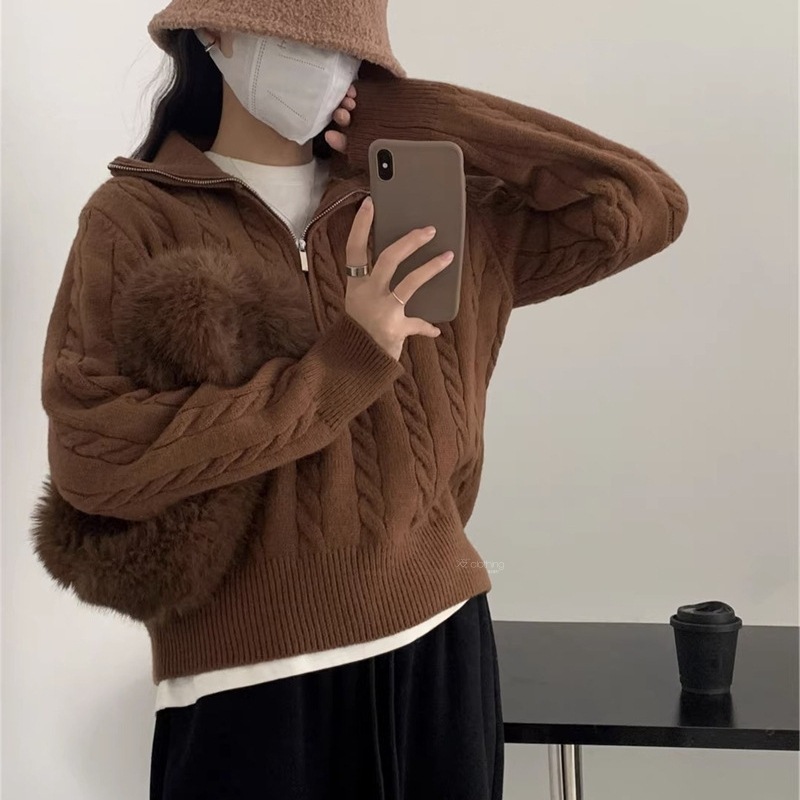 터틀넥 세미 지퍼 꽈배기 커버 스웨터 여자 가을 겨울 나른한 바람 넉넉한 한국판 작은 키 캐주얼 니트 상의