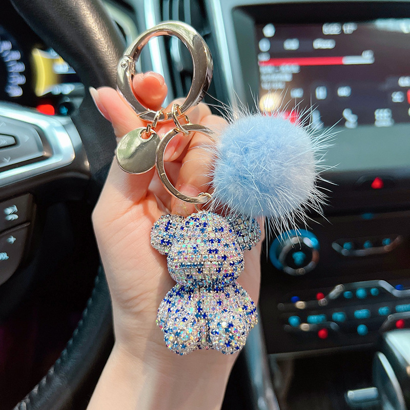 Nuevos productos de moda lindos viento gran botón redondo visón completo diamante osos llavero creativo pareja llavero colgante regalo