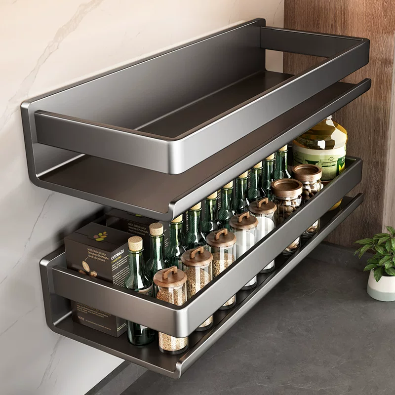 天地鱼 Gun Ash Kitchen Storage Rack Condiment Jar Storage Rack No-Punch Wall-mounted Condiment Rack