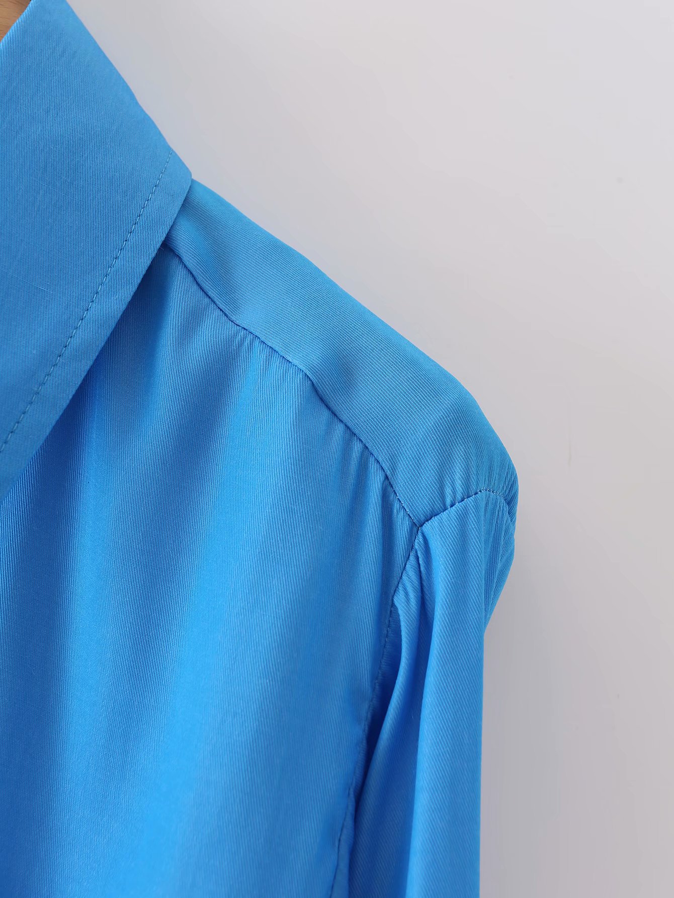 Blue solid color lapel long sleeve cotton basic blouse NSAM81977