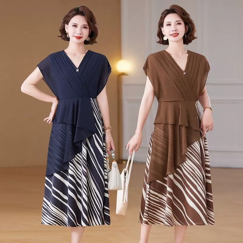 Летнее платье для матери среднего возраста с v-образным вырезом и заниженными плечами, летнее платье для матери среднего возраста, тонкая юбка средней длины с высокой талией