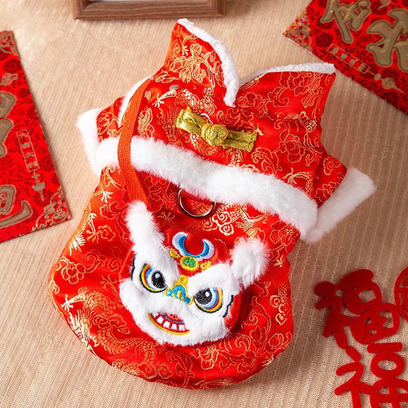 Otoño e invierno perro cien flores borlas vestido de traje Tang gato de dos pies año nuevo festivo año nuevo falda ropa para mascotas