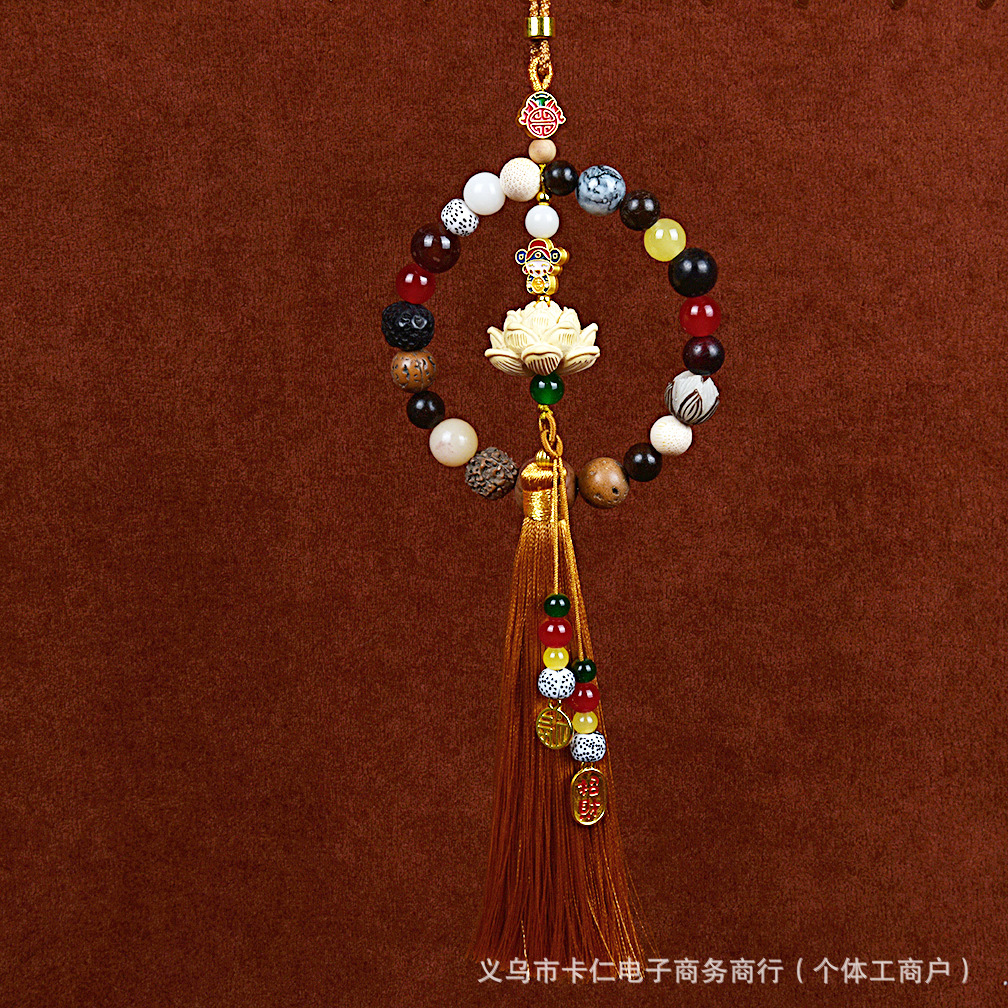 Wood Car Pendant – Mu Ding Yao Car hanging - 18-beads-boxwood-lotus-single-tassel