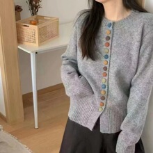 秋冬新款时尚彩色纽扣毛衣开衫春秋外套女短款上衣圆领打底针织衫