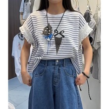 乘法 韩国东大门代购夏季蝴蝶结珍珠甜筒条纹T恤bn0512