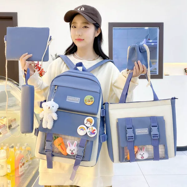 Cross-border Four-piece Student Schoolbag Backpack Junior High School Senior high school Female Student Five-piece Backpack Large Capacity Travel Bag