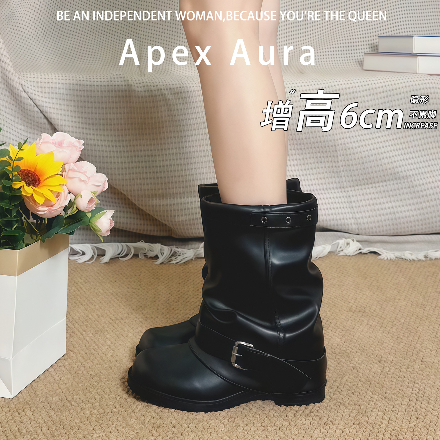 2026 New Style Women's Western Cowboy Boots with 6cm Hidden Heel, Ruched Low-Cut Boots, Round Toe, Chunky Heel, Belt Buckle