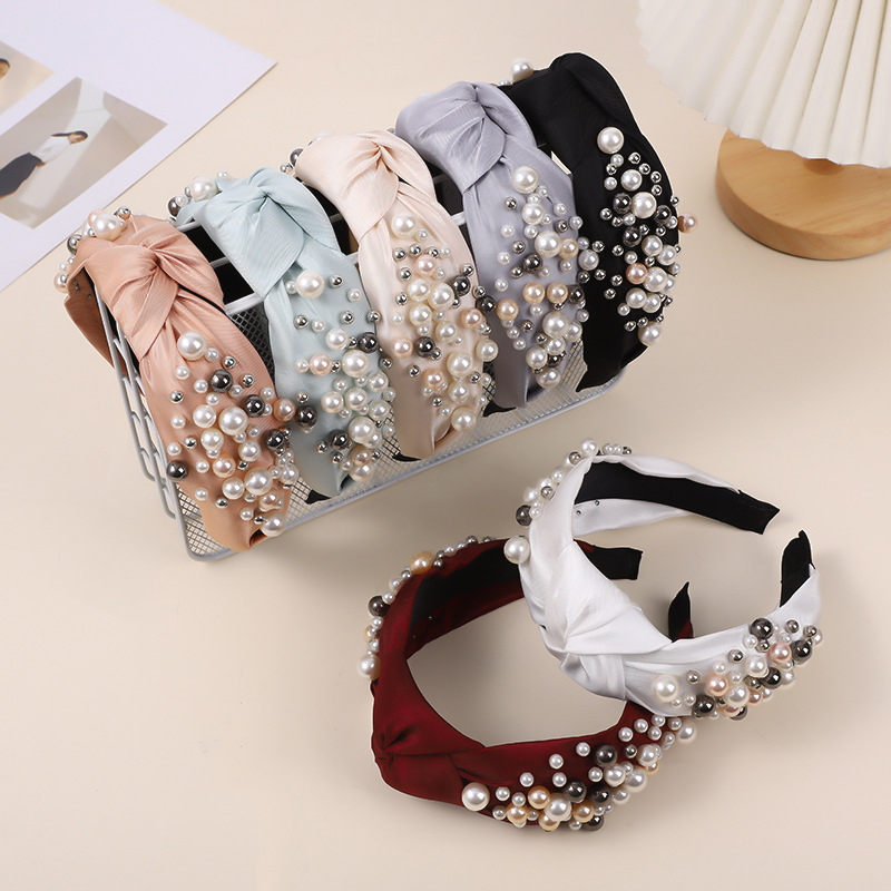 Hot-Selling Amazon French Cross-Knot Pearl Diamond Headband Face Wash Headband Cross-Border Manufacturer Supply