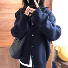 藏青色针织开衫女春秋宽松慵懒风别致休闲百搭高级感毛衣外套上衣