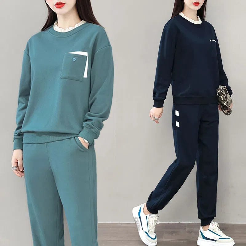 （L到5XL）2023秋冬装女装妈妈大码宽松假两件运动休闲套装