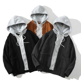 One-piece delivery foreign trade wholesale 2023 Autumn New hooded fake two-piece color matching knitted cardigan sweater for men and women