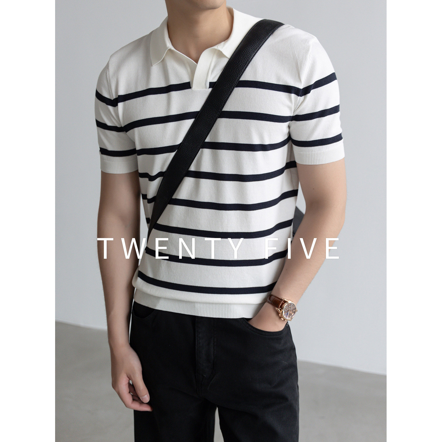 Polo camiseta de punto camiseta de manga corta camiseta de hombre cuello en V gaviota cuello rayas viejas líneas de viento de verano fábrica transfronteriza mayorista