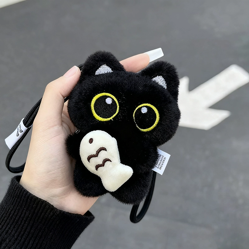 Плюшевая игрушка-брелок «Звездное животное»: Черная кошка с большими глазами, держащая маленькую рыбку (Луо Сяохэй), для сумок, для пар