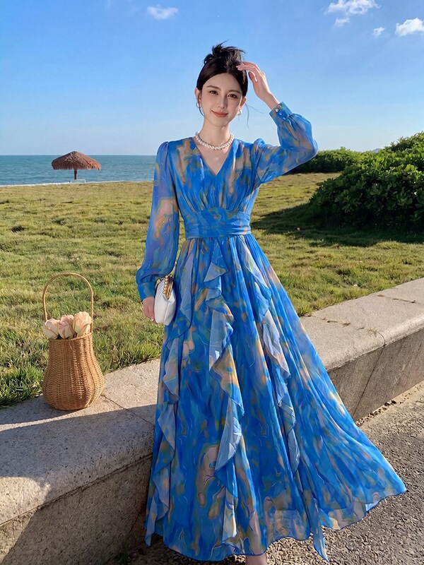 New Women's Summer Fashion Ankle-Length Elegant Floor-Length Flowing Maxi Dress for Seaside Vacations