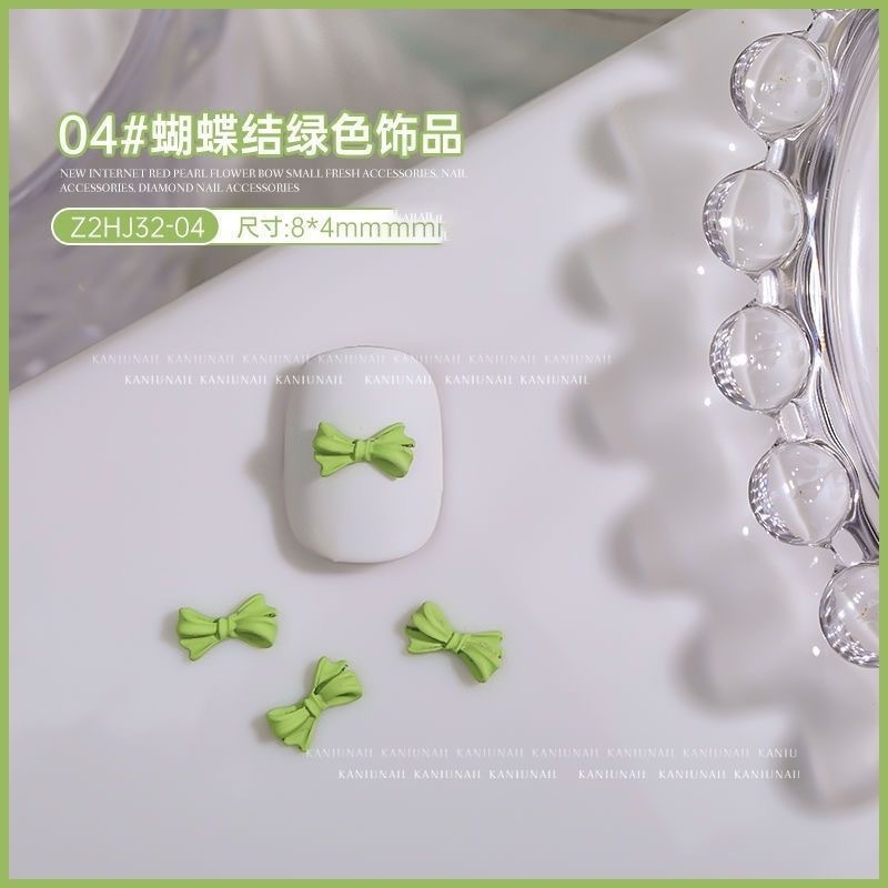Green fresh small nail decoration with bow pearl