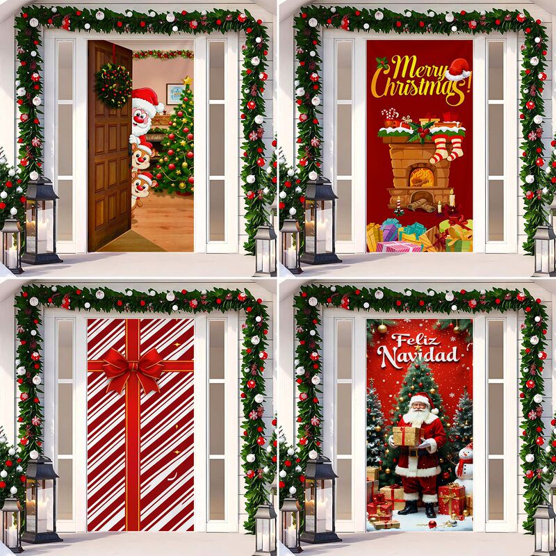 2026 Christmas door cover, door sticker, Santa Claus front door decoration, door curtain, cross-border holiday party background door cover