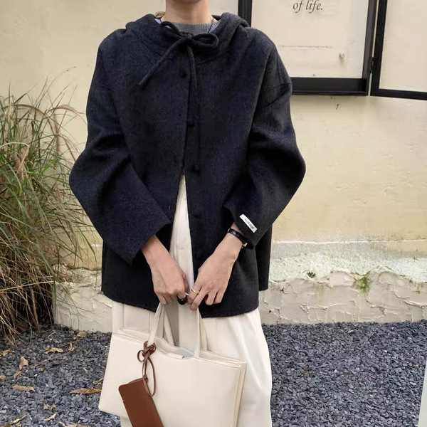 Double-sided cashmere short woolen woolen coat with hood with bow