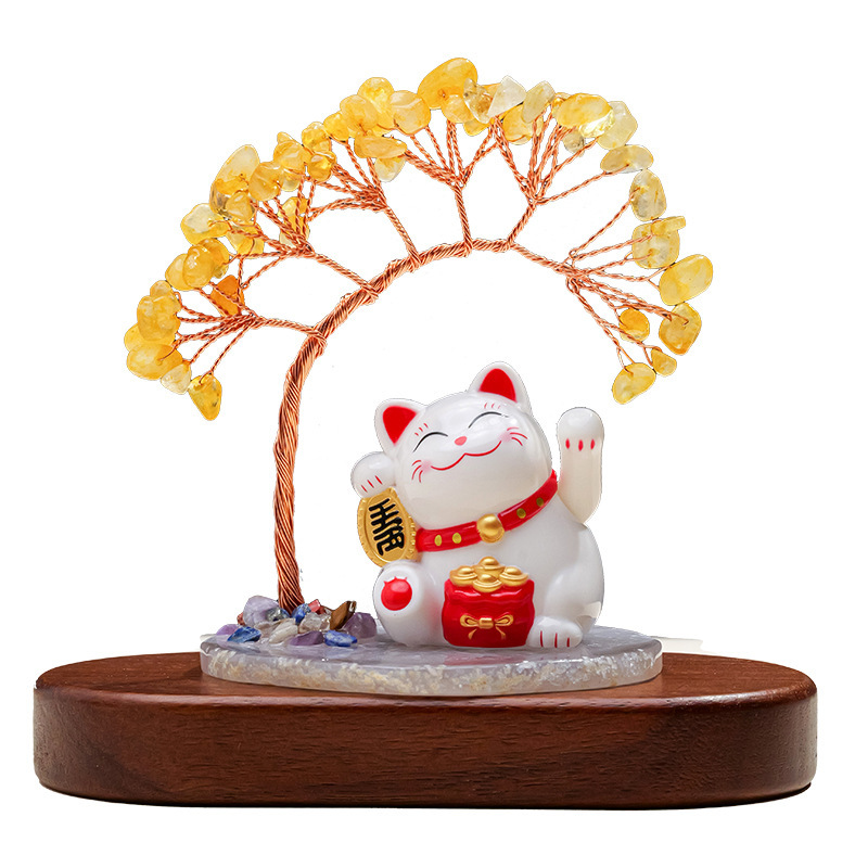 天然黄水晶发财树太阳能招财猫玛瑙片底座水晶树家居桌面车载摆件|undefined