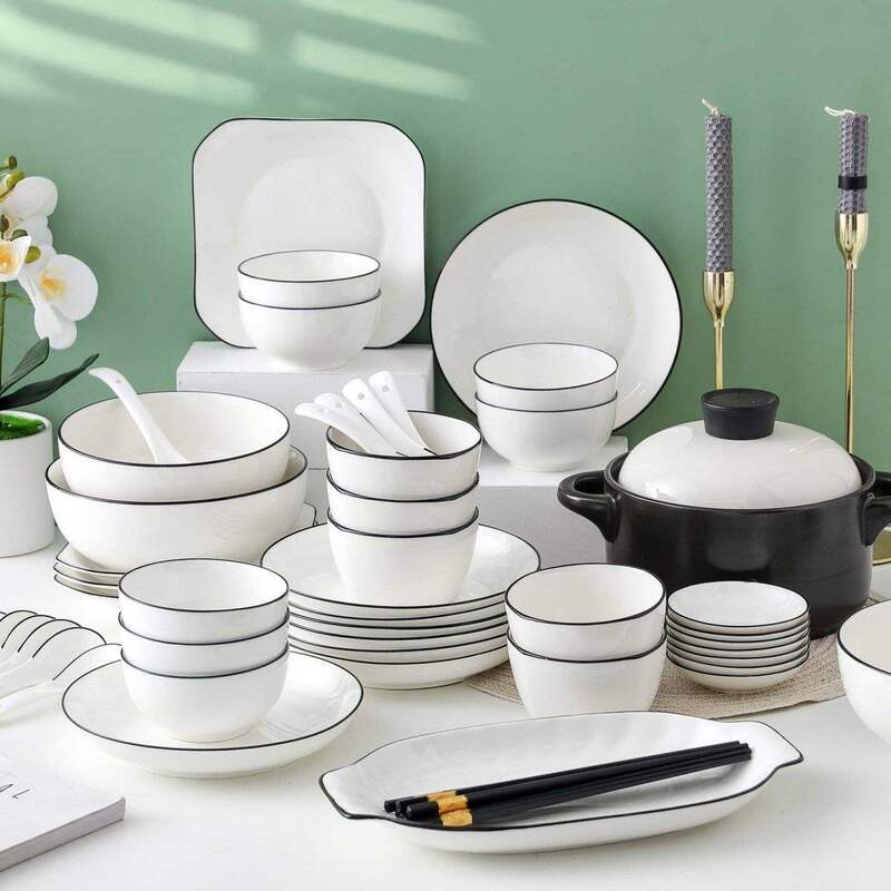 Ten-Person Ceramic Tableware Simple Bowl and Plate Set for Housewarming, High-End Complete Set of Bone China Anti-Scalding Bowls