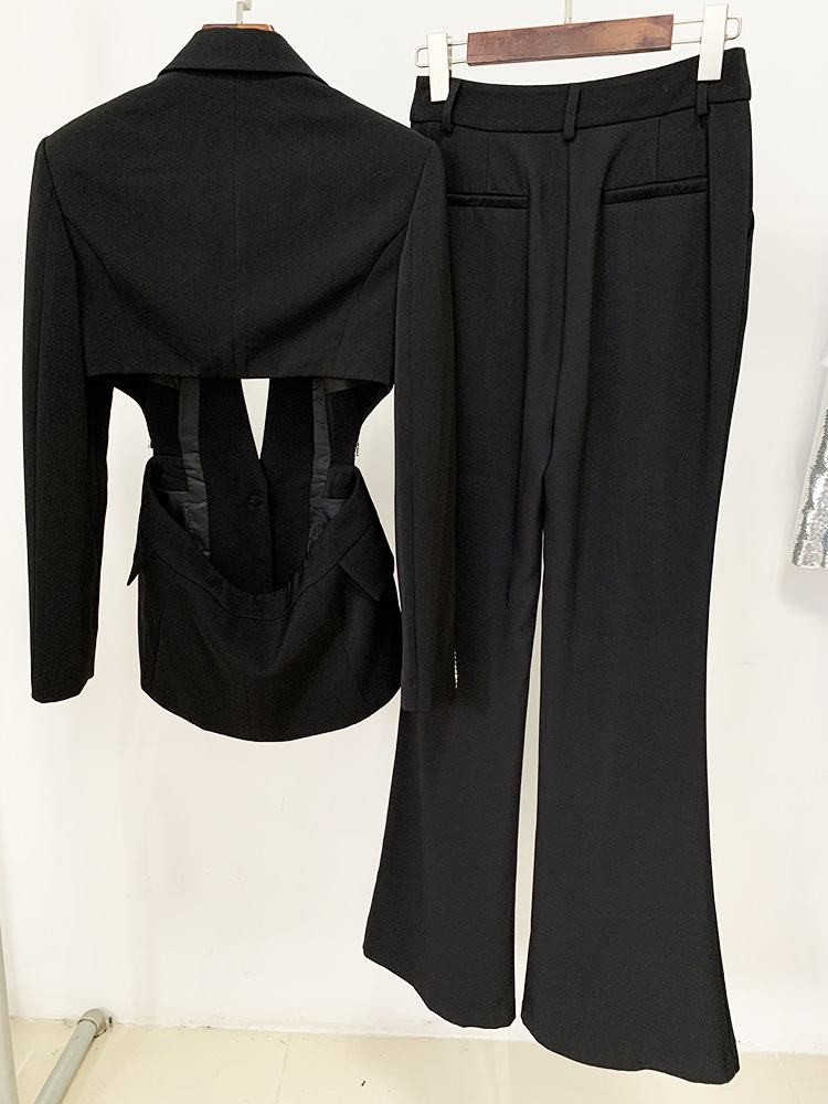 GraceChic En stock 2025 Mode européenne-américaine Nouveau style mondain élégant Ensemble blazer et pantalon deux pièces ajouré en strass_voghion.com