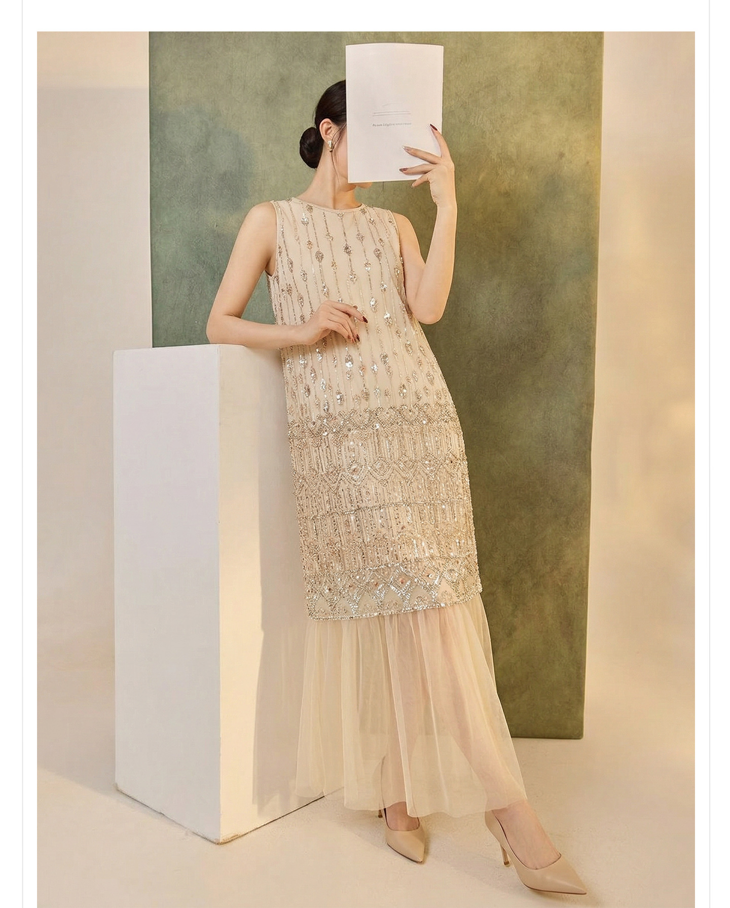 Đầm suông nữ midi phong cách Guofeng tay không sequin cao cấp — màu trắng ngà chi tiết 6