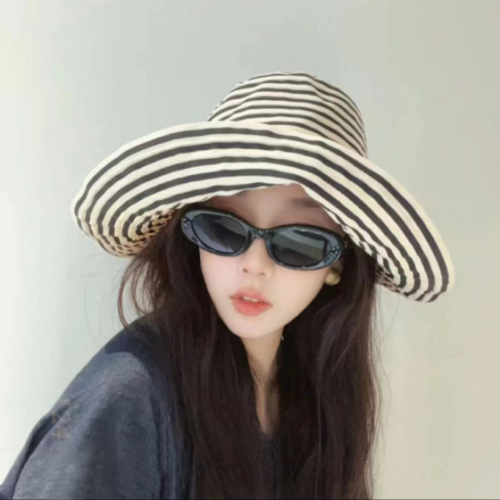 Japanese Foldable Summer Striped Fisherman Hat Women's New Long Sunscreen Hat Fashion Basin Hat Big Head Sun Hat