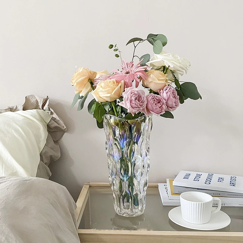 Florero de cristal de Bohemia de lujo ligero de estilo europeo florero transparente de alto aspecto sala de estar arreglo floral decoración artesanía