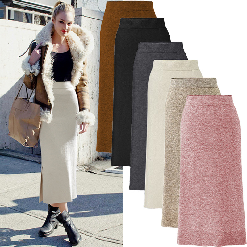 Wool skirt women's autumn and winter 200kg knitted hip wrap skirt long high waist size thick split one-step skirt