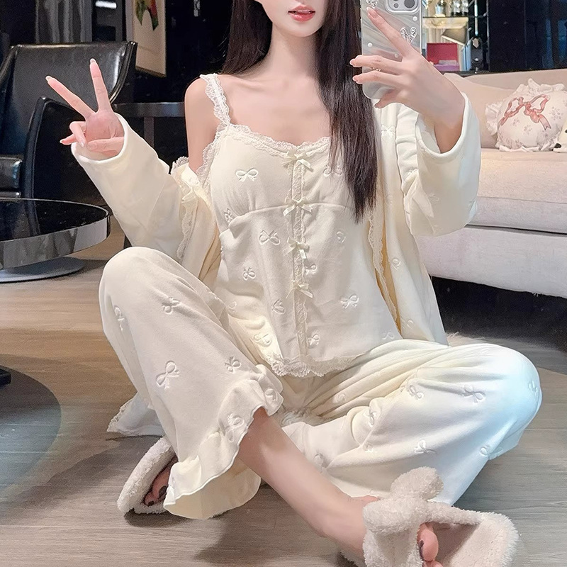 Korean Island Velvet Pajamas for Women Autumn and Winter Three-Piece Set with Bow Thickened and Velvet Warm Lace Home Clothes Wholesale Korean Island Velvet Pajamas for Women Autumn and Winter Three-Piece Set with Bow Thickened and Velvet Warm Lace Home Clothes Wholesale