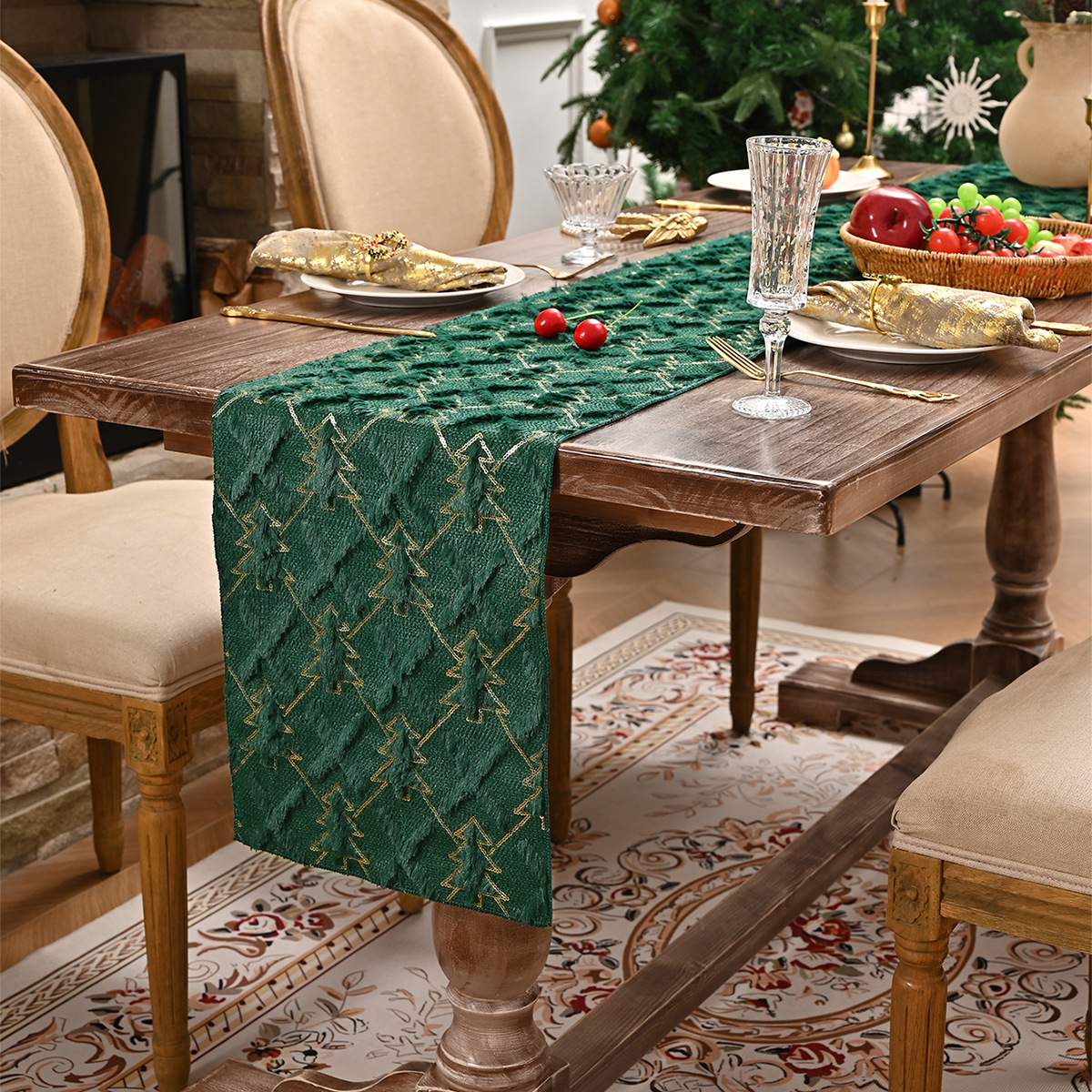 Transfronterizos nueva bandera de mesa de Navidad de pino dorado común Europa y América bandera de mesa de Navidad tela de mesa decoración TEMU