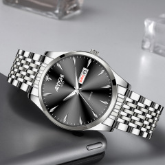 新款韓版鋼帶手錶夜光雙歷帶鑽非機械2023商務風男士手錶一件代發