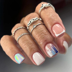 Short milk white aurora pure color fresh nail blue white mountain flash powder false nails wear nails wholesale