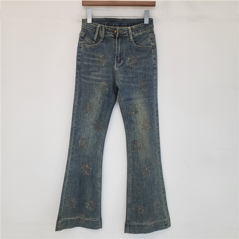 Vintage americano lavado con agua elástico flor caliente taladro de moda jeans recto para mujeres pantalones largos largos casuales de piernas anchas